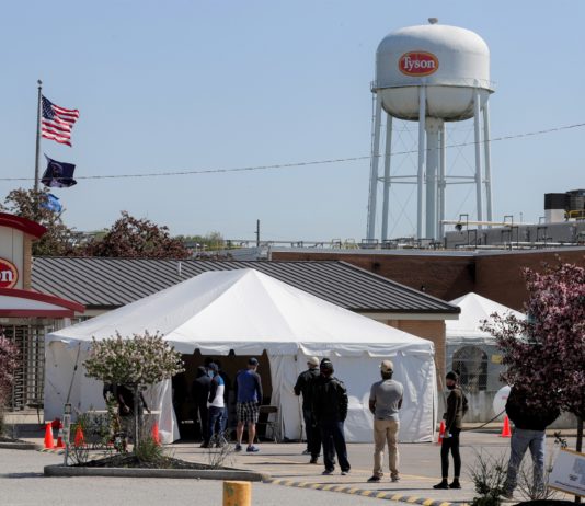 Photo of meat plant workers being screened