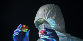 Photo of scientist holding virus models