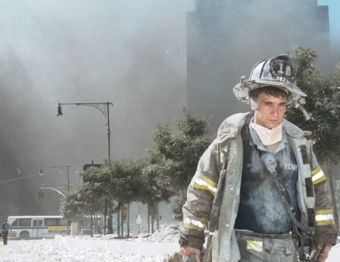 Photo of dust-covered firefighter on 09/11