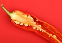 Photo of a red chili pepper cut open to reveal seeds