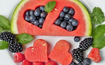 Photograph of fresh watermelon and blueberries
