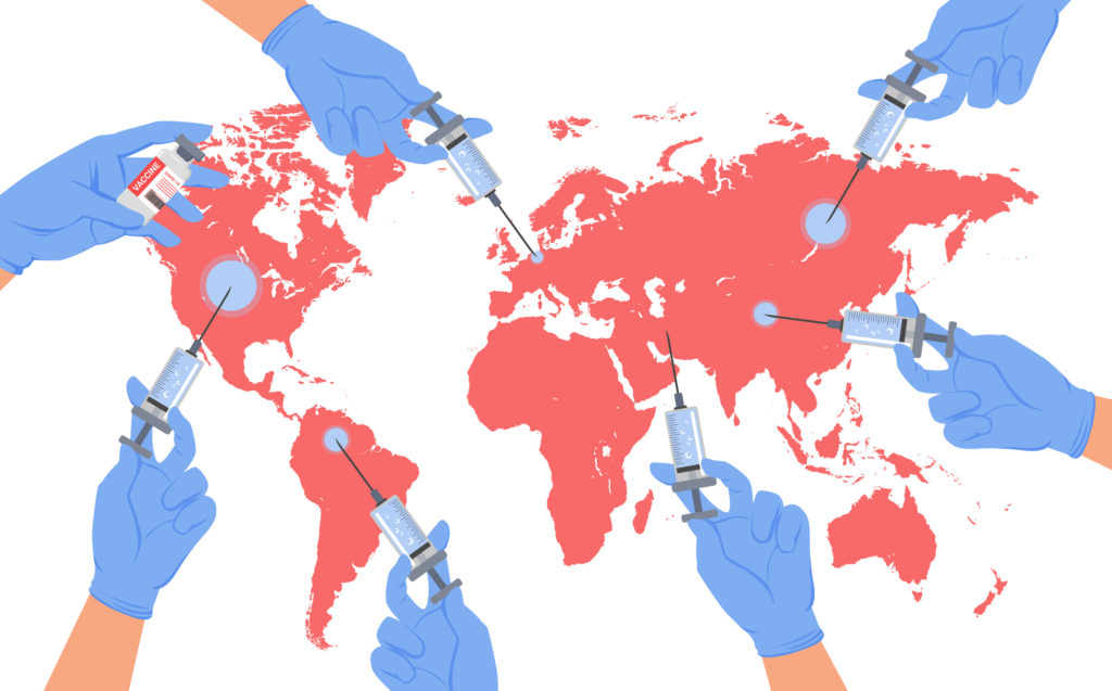 Artist drawing of a map of the world with vaccines being given to thenations