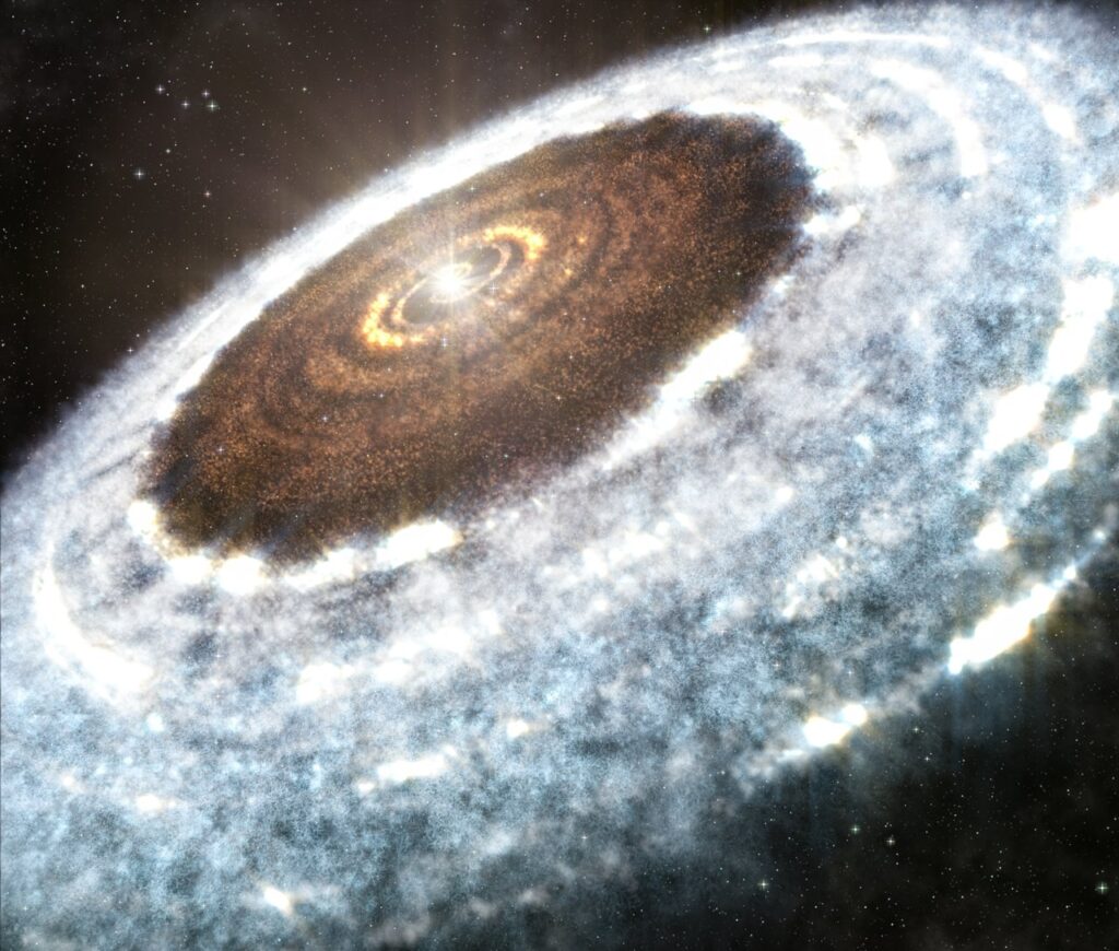 Artist drawing of a galaxy forming into a disk.