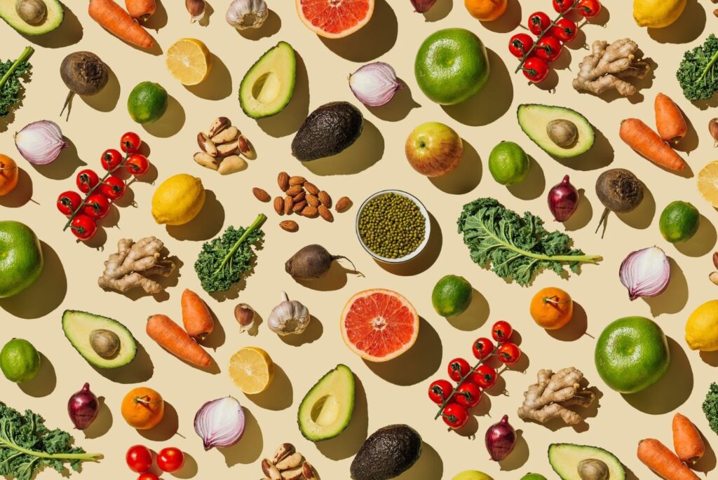 Drawing of various fruit , vegetables and nuts