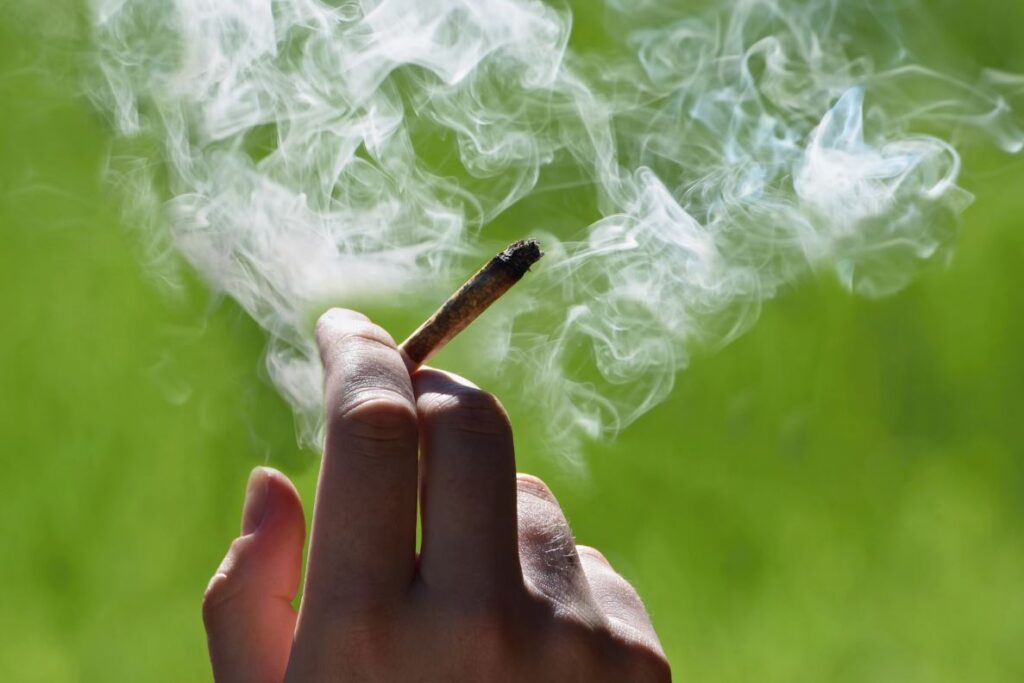 Photo of a hand holding a burning marijuana cigarette.