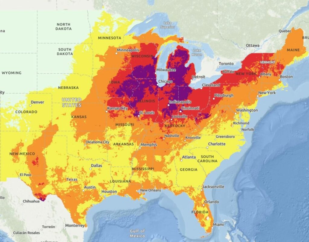 Map of North Eastern U.S. showing massive heat dome encompassing several dozen states