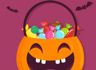 Binging on candy can damage your gut microbiome. Artist rendering of a child's Halloween bucket shaped like a pumpkin.