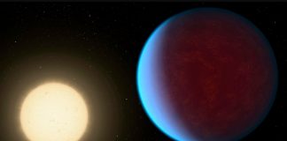 Artist drawing of a blue planet closely orbiting a bright star