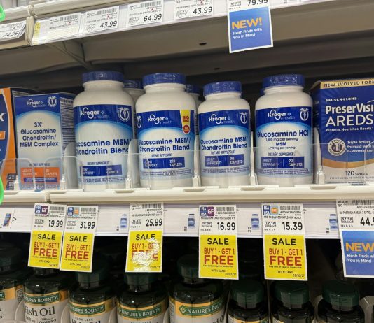 Photo of bottles of glucosamine tablets on a store shelf